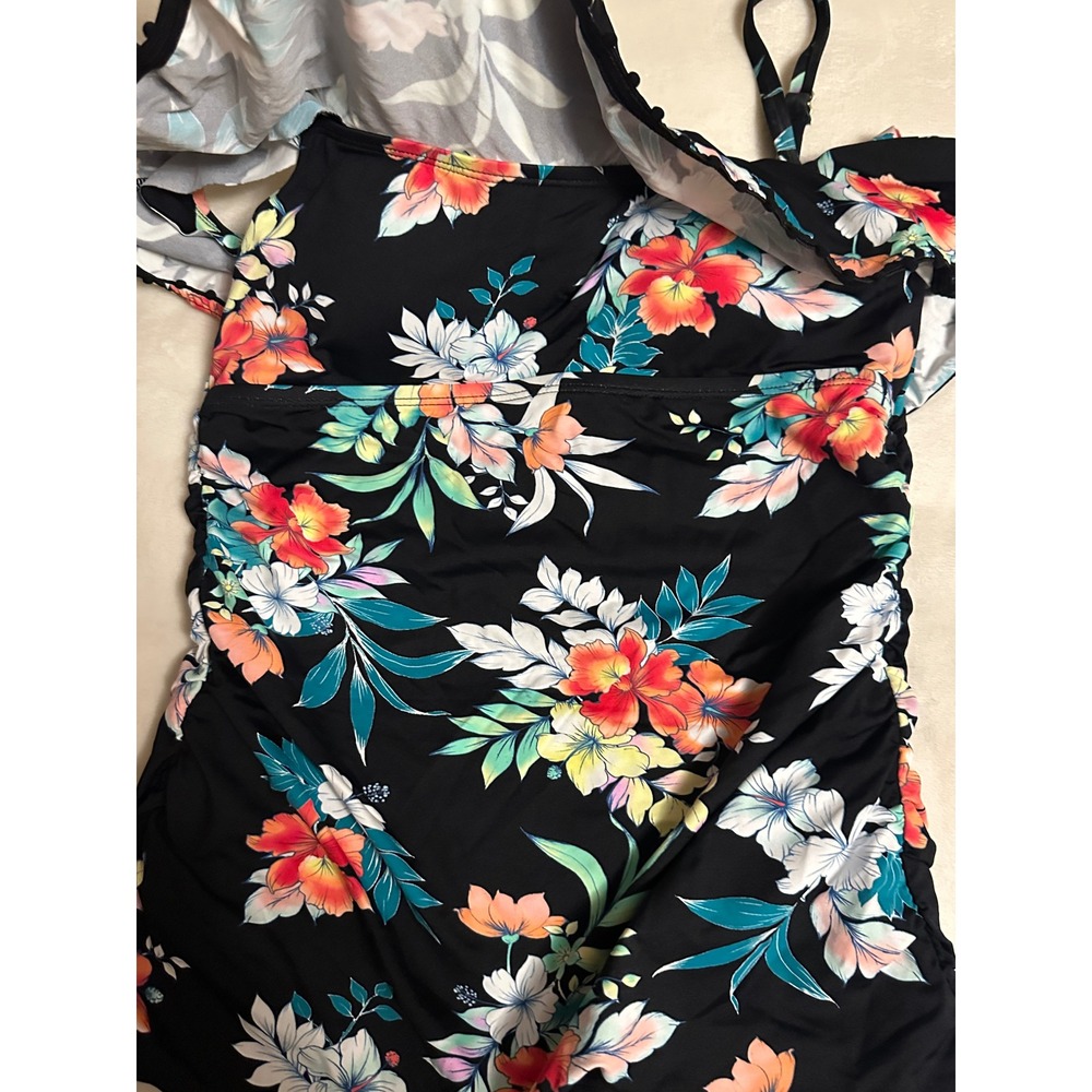 Tommy Bahama Womens XS Black Floral Tankini Set Ruffle Top Skirt Rouched Sides - Picture 8 of 15